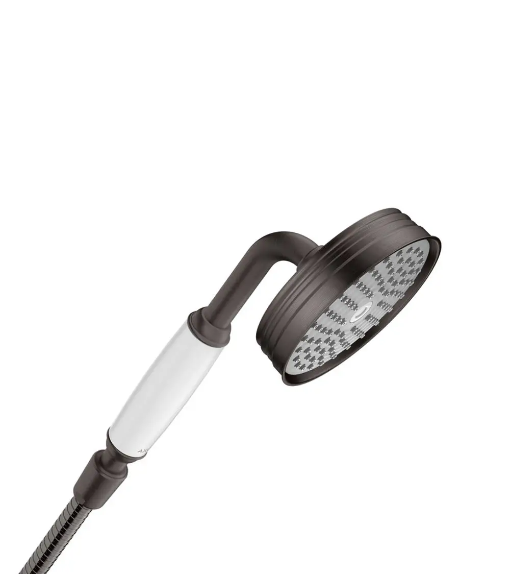 Handbrause von AXOR in gebürstetem Schwarzchrom mit einem runden Duschkopf. Der Griff ist ergonomisch geformt und der Schlauch hat eine flexible Konstruktion.